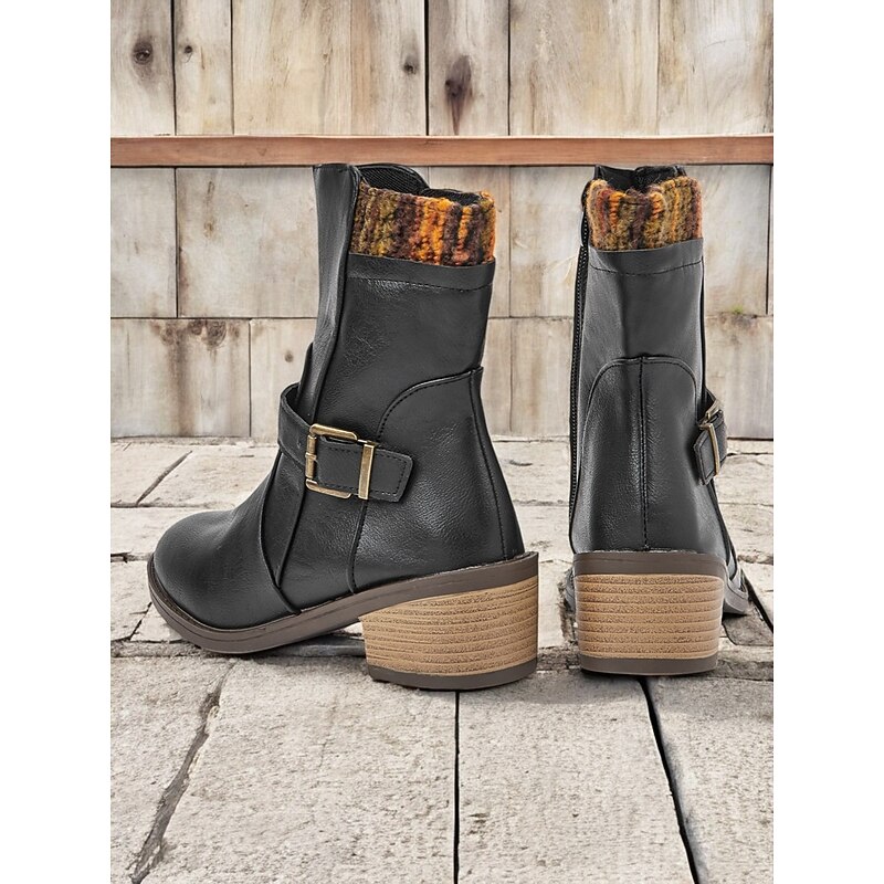 Women's Black Mid-Calf Boots with Buckle Straps and Colorful Knit Cuff – Casual Vintage Style for Everyday Wear4