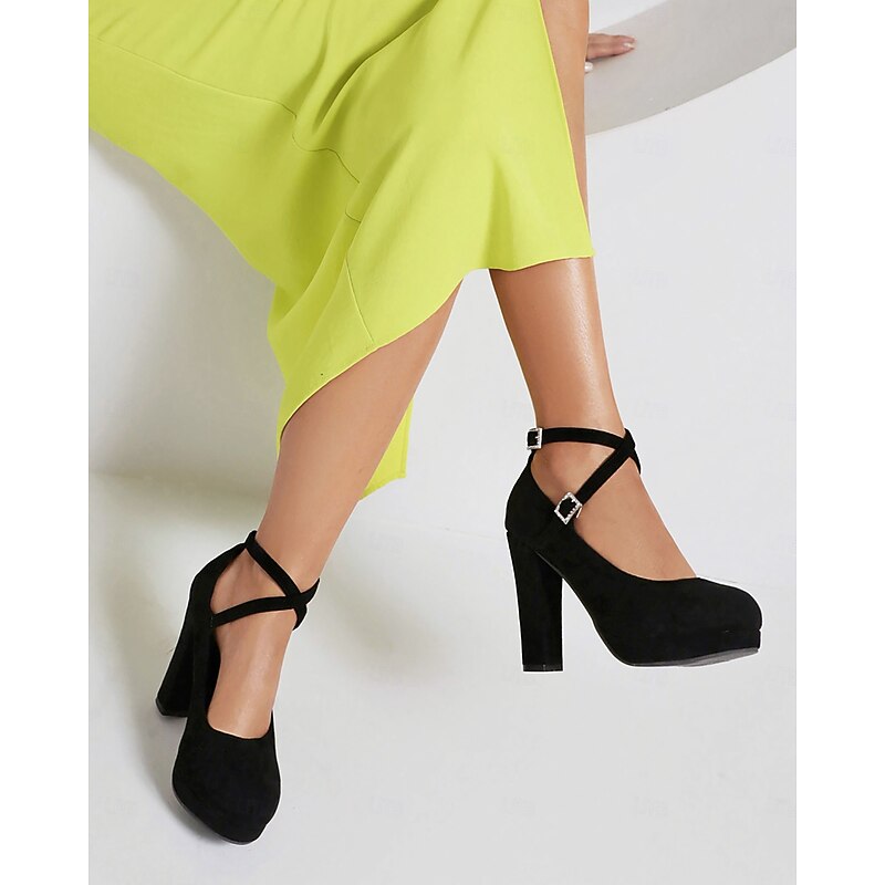 Women's Platform Faux Suede Mary Jane Pumps - Chunky High Heel Shoes with Rhinestone Buckle for Formal Events 9