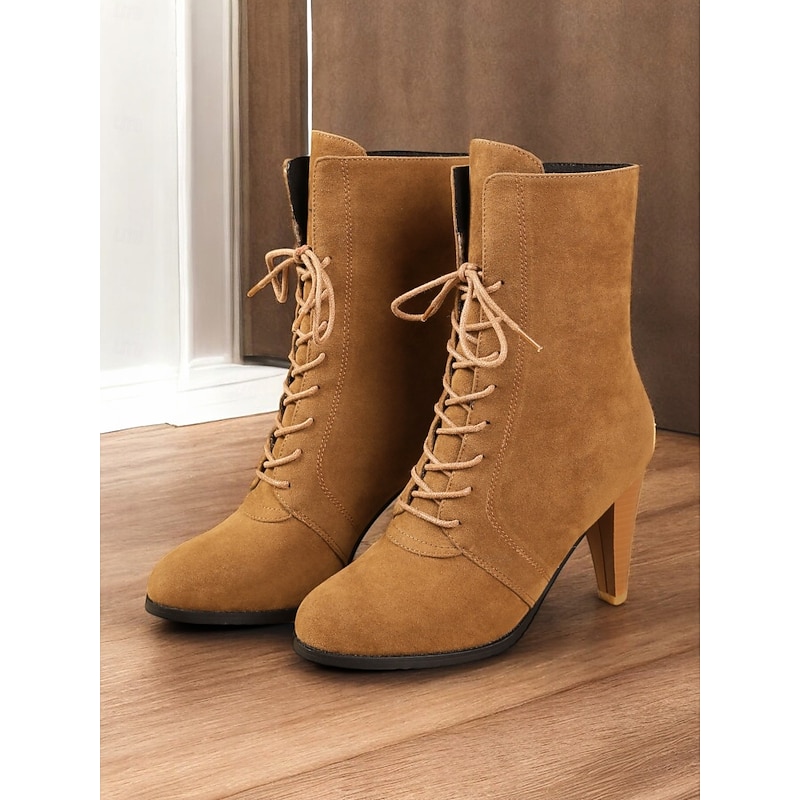 Women's Tan Lace-Up High Heel Ankle Boots with Stiletto Heels – Stylish Vintage-Inspired Footwear for Fall Outfits and Special Occasions2