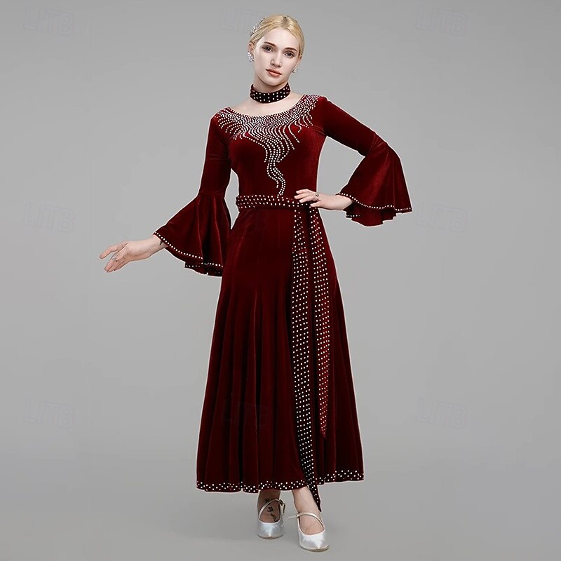 Ballroom Dance Dress Splicing Crystals / Rhinestones Women's Performance Party Long Sleeve Pleuche3