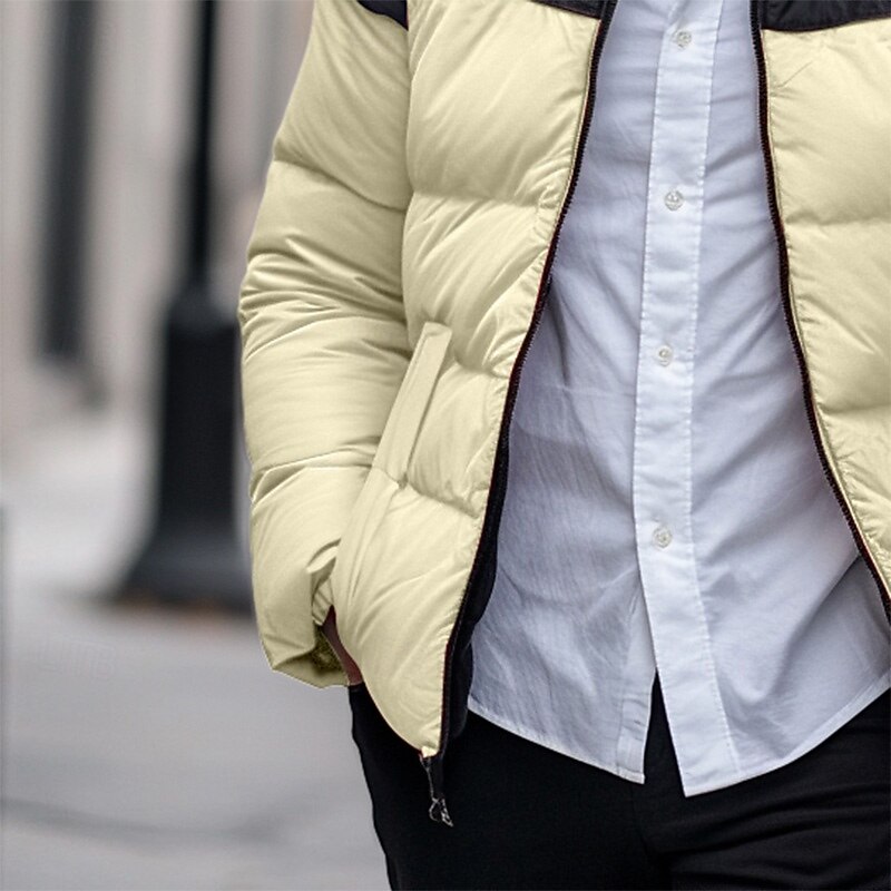 Men's Puffer Jacket Padded Pocket Color Block Party Christmas Outdoor Regular Neutral Fashion Daily Winter Solid Color Black White Purple Green Puffer Jacket3