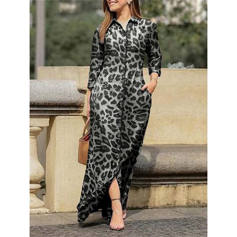 Women's Floral Shirt Collar Maxi Dress Long Sleeve Summer Spring2
