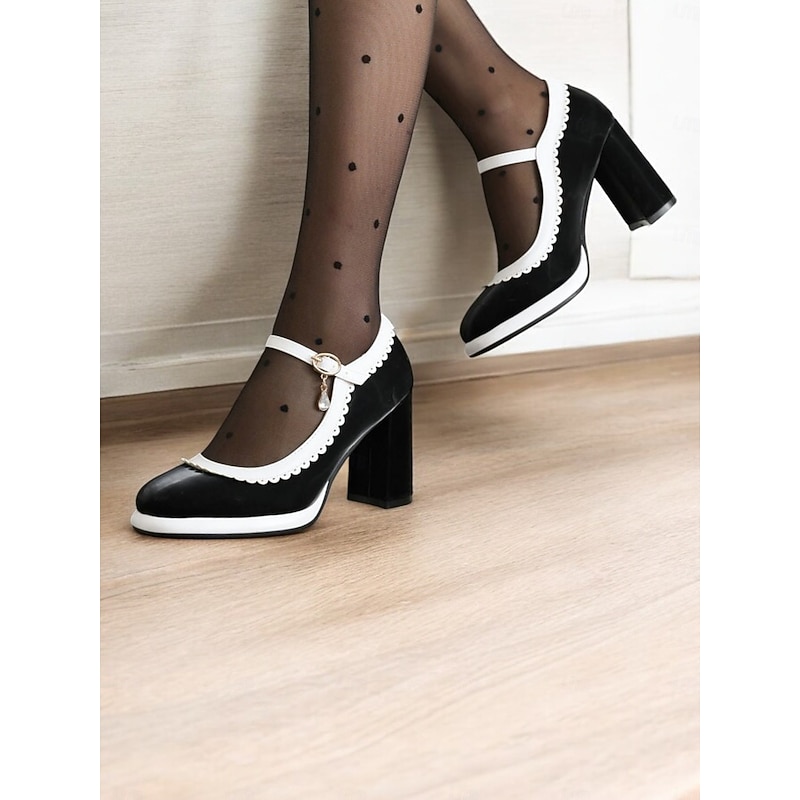 Women's Pink and White Mary Jane Heels with Decorative Buckle Strap and Block Heels – Retro-Inspired Shoes for Parties and Formal Occasions2