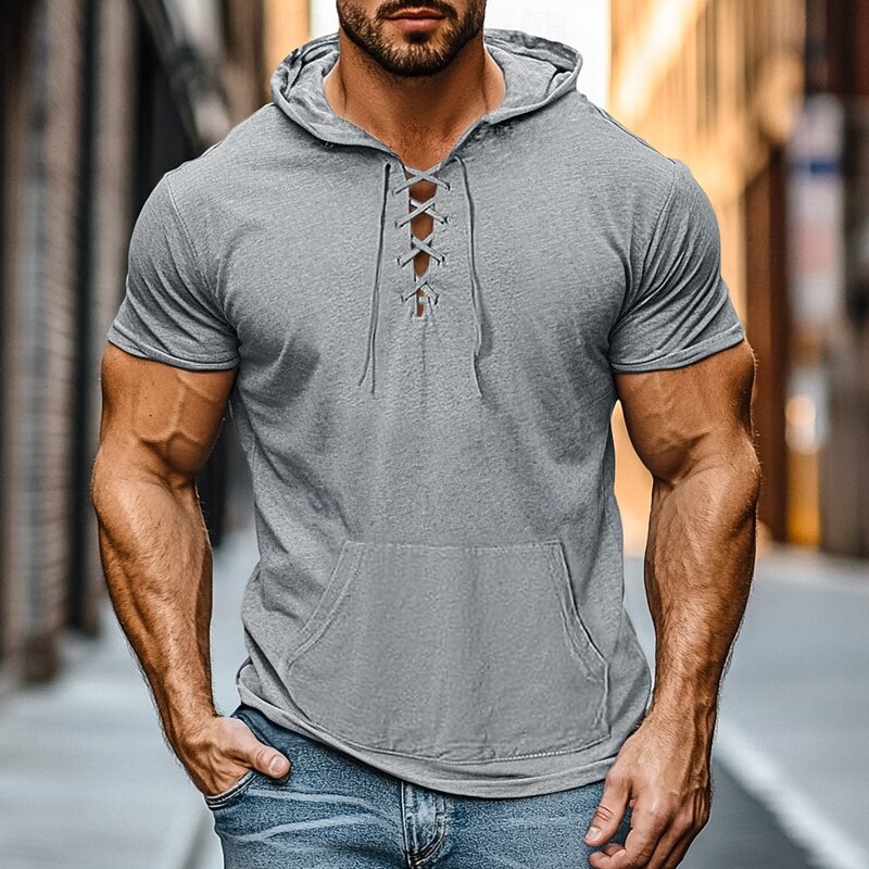 Men's Shirt Henley Shirt Hoodie Sweatshirt Short Sleeve Shirt Short Sleeve Hooded Summer Spring Solid Color Daily Casual Street Style Drawstring Outdoor Street Sport Black White Light Grey Top Tee4
