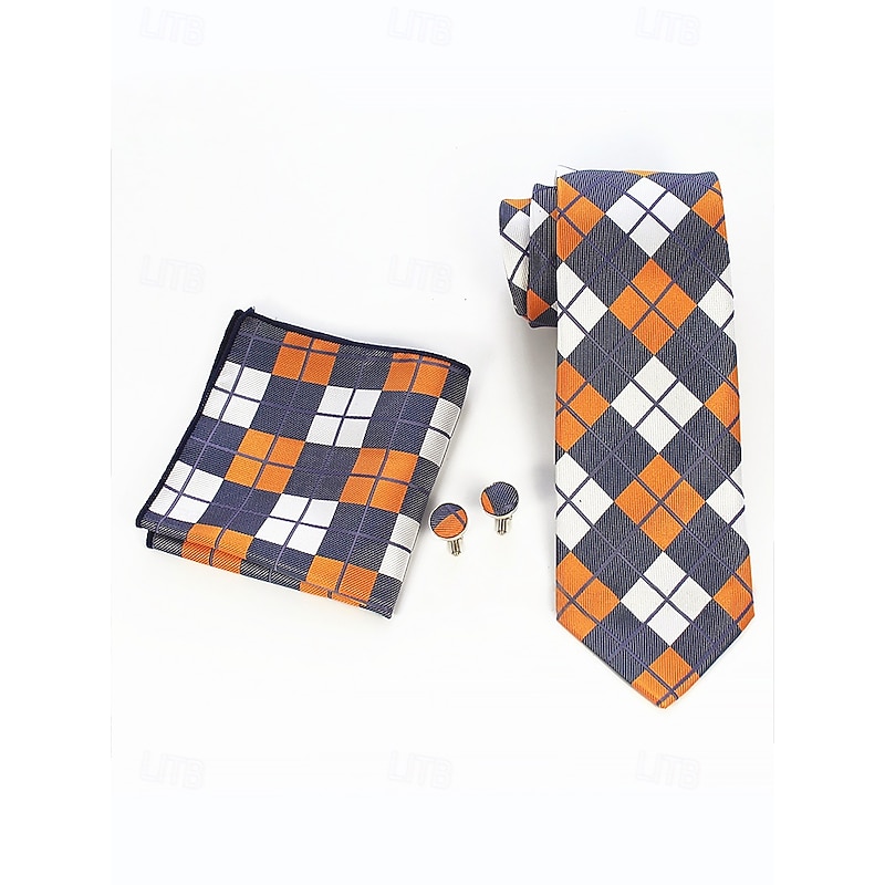 Men's Orange and Navy Plaid Necktie Set with Pocket Square and Cufflinks – Stylish Formal Accessory for Weddings and Business Attire3