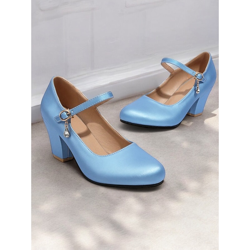 Women's Light Blue Mary Jane Heels with Decorative Buckle Strap and Block Heels – Elegant Footwear for Parties and Formal Events