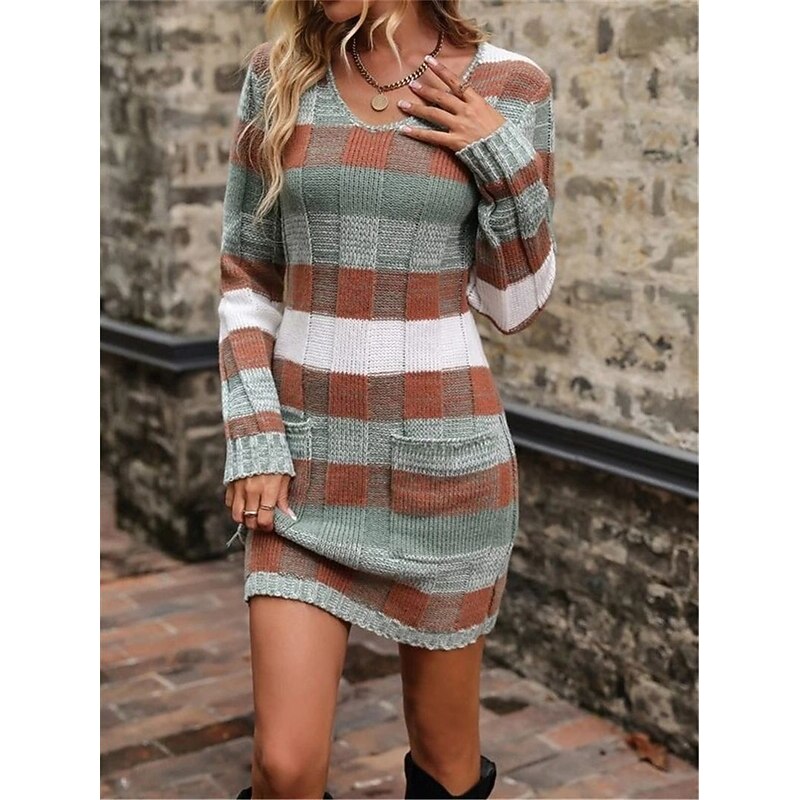 Women's Plaid V Neck Maxi Dress Long Sleeve Spring Fall3