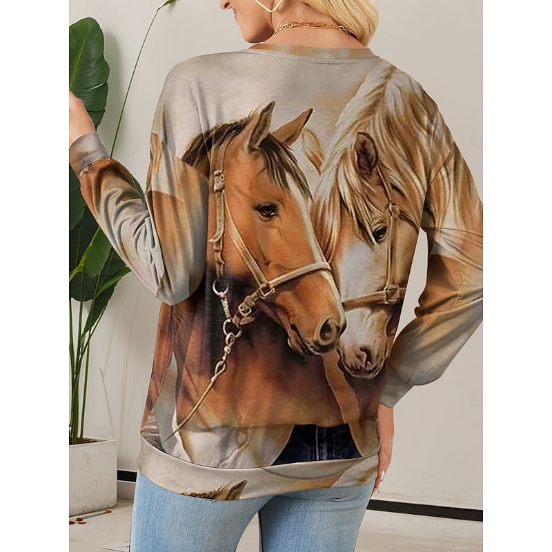 Women's Pullover Casual Animal Dailywear Casual Crew Neck Print Long Sleeve Khaki Fall Winter2