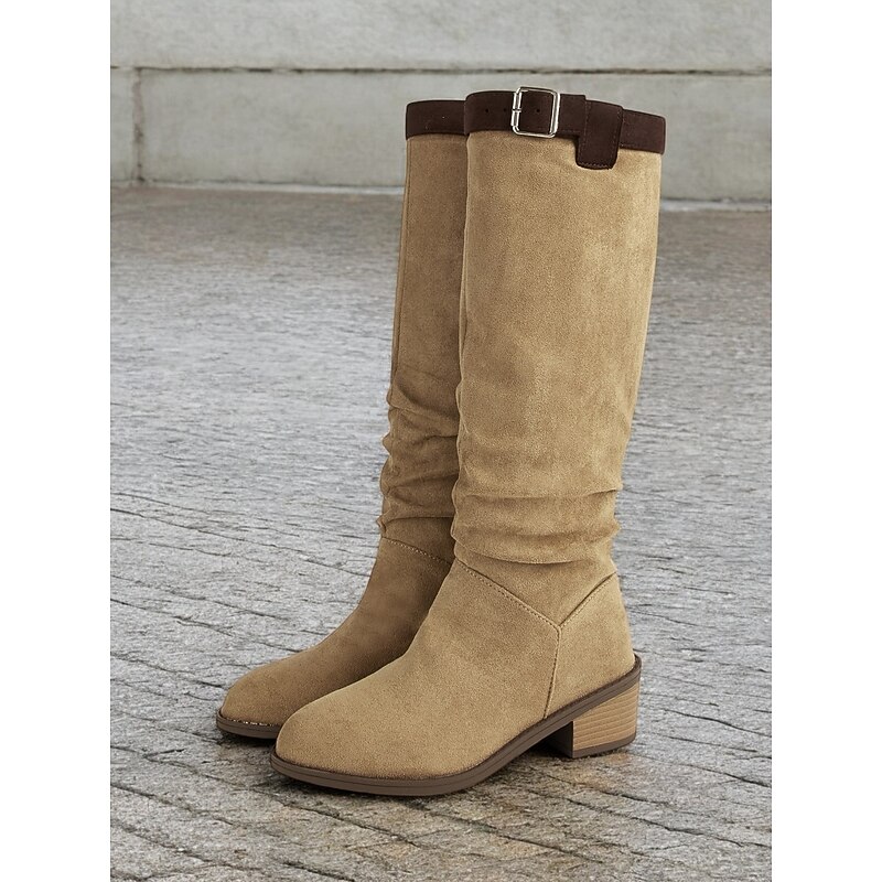 Women's Faux Suede Knee-High Boots with Buckle Detail, Western Style, Casual Fall and Winter Footwear for Everyday Wear