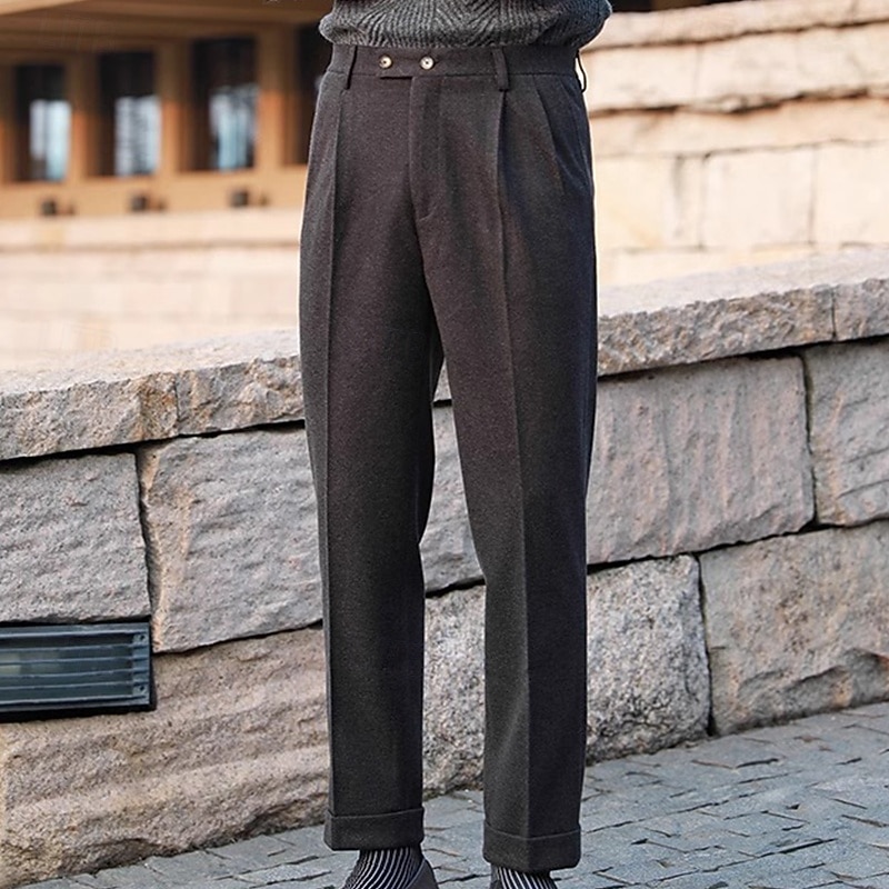 Men's Dress Pants Woolen Pants Trousers Pleated Pants Suit Pants Pocket Plain Comfort Soft Full Length Party Business Daily Elegant Fashion Dark Gray Beige3