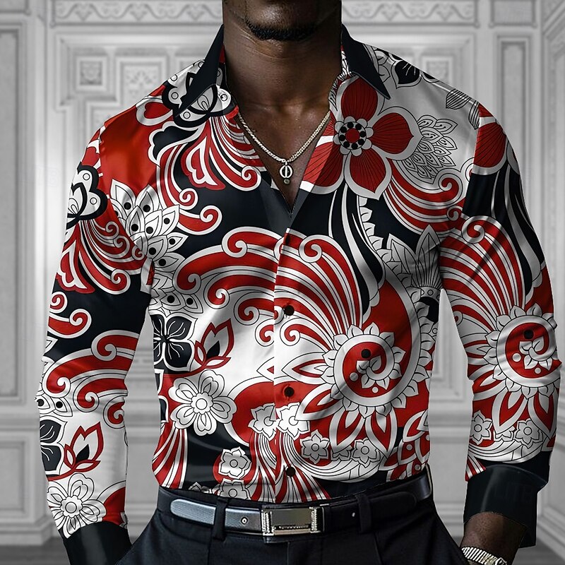 Men's Floral Button Up Shirt Designer Shirt Long Sleeve Fashion Casual Vacation Party / Evening Spring Fall Turndown Button Up Red