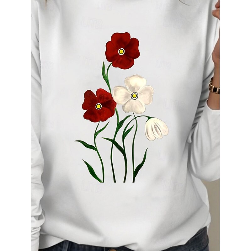 Women's 100% Cotton Tunic T Shirt Fashion Casual Print Long Sleeve Regular Tops Crew Neck Daily White Spring Fall Prefall2