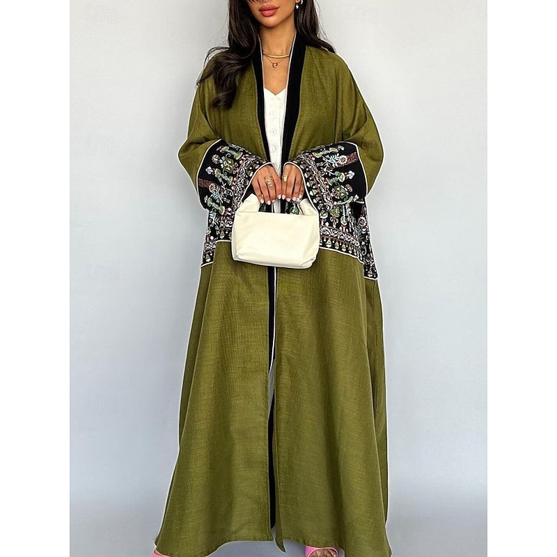 Women's Casual Jacket Daily Wear Summer Spring Fall Maxi Coat Regular Fit Breathable Artistic / Retro Casual Jacket Long Sleeve Floral Embroidered Black Green