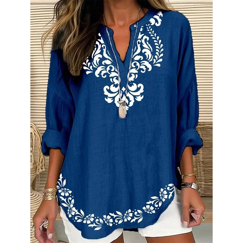 Women's Shirt Blouse Graphic Marble Casual Long Sleeve Notched Neck Regular Tops Daily Print Wine Blue Khaki Fall Winter3