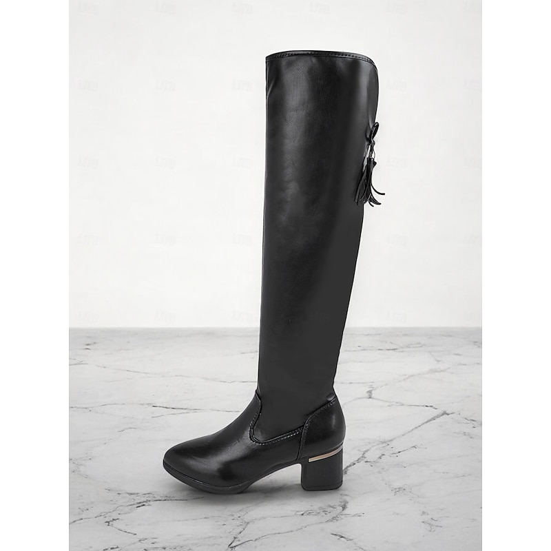 Women's Black Over-The-Knee Faux Leather Boots with Block Heel – Elegant Thigh-High Boots for Winter Fashion and Evening Outfits2