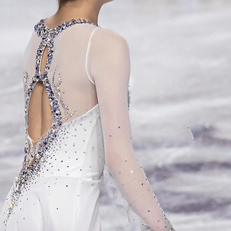 Figure Skating Dress Women's Girls' Ice Skating Dress White Patchwork Thumbhole Mesh Spandex Stretchy Training Practice Professional Skating Wear Thermal Warm Crystal / Rhinestone Long Sleeve Ice4