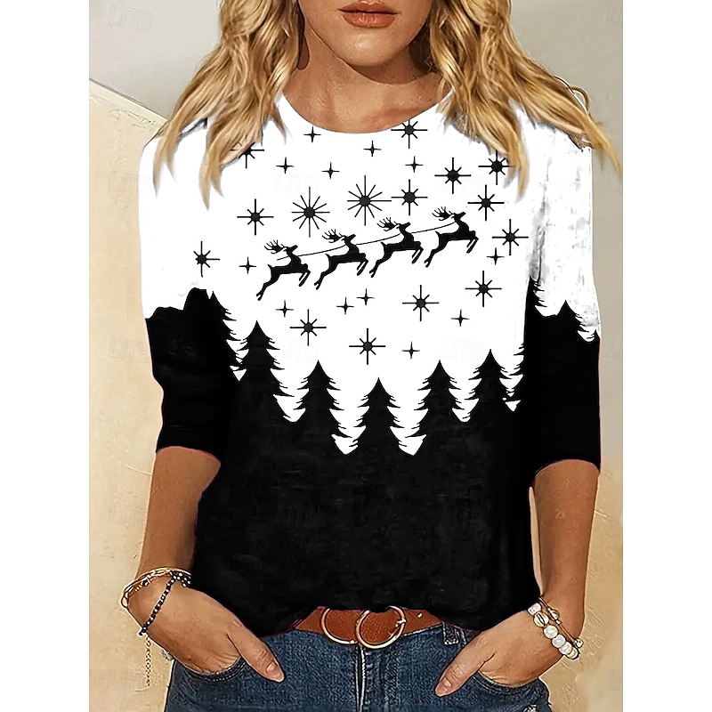 Women's T-shirt Reindeer Pine Tree Star Print Long Sleeve Round Neck Red White Casual Festive Holiday Top Clothing Apparel4