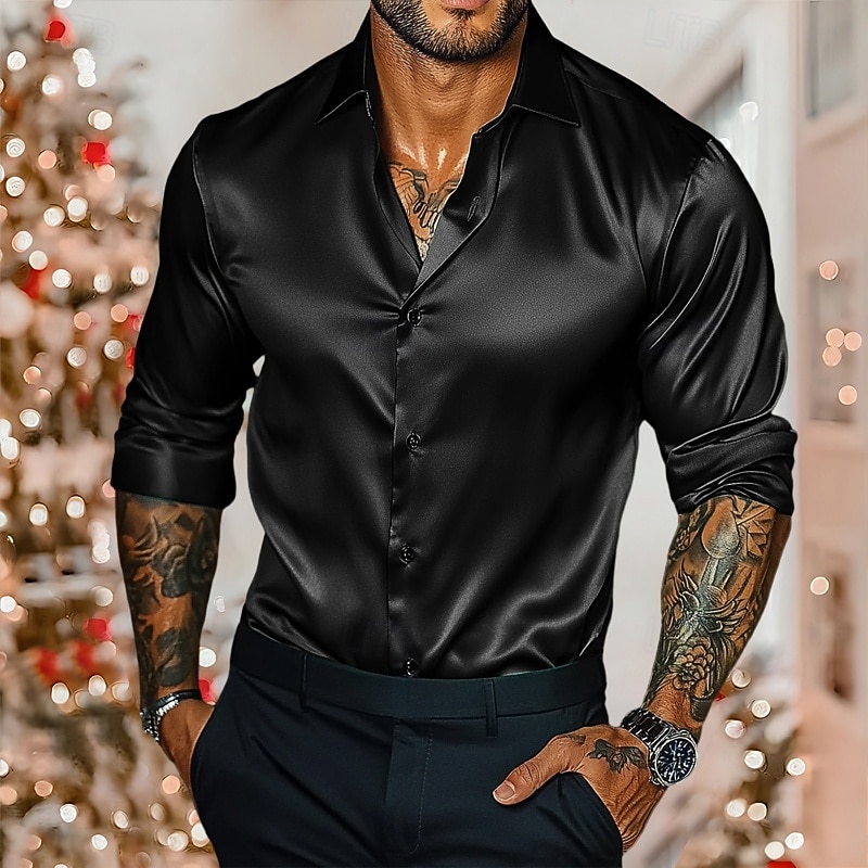 Men's Shirt Satin Shirt Casual Shirt Button Up Shirt Plain Wedding Vacation Light Blue Black White Burgundy Long Sleeve Collar Winter Spring &  Fall Clothing Apparel2