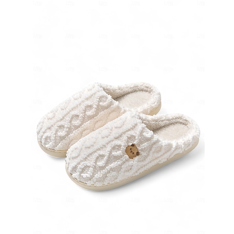 Women's Cozy Fleece Slippers with Adorable Bear Embroidery – Warm Indoor House Shoes for Winter Comfort2