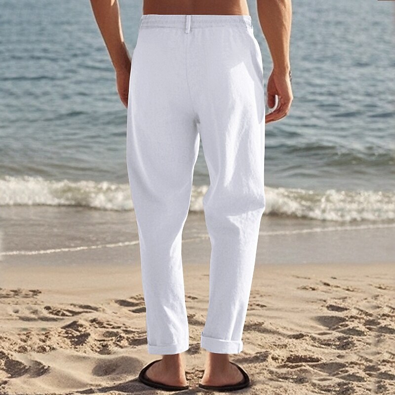 Men's Linen Pants Trousers Summer Pants Beach Pants Drawstring Elastic Waist Straight Leg Coconut Tree Comfort Breathable Full Length Daily Holiday Beach Vacation Fashion Black White3