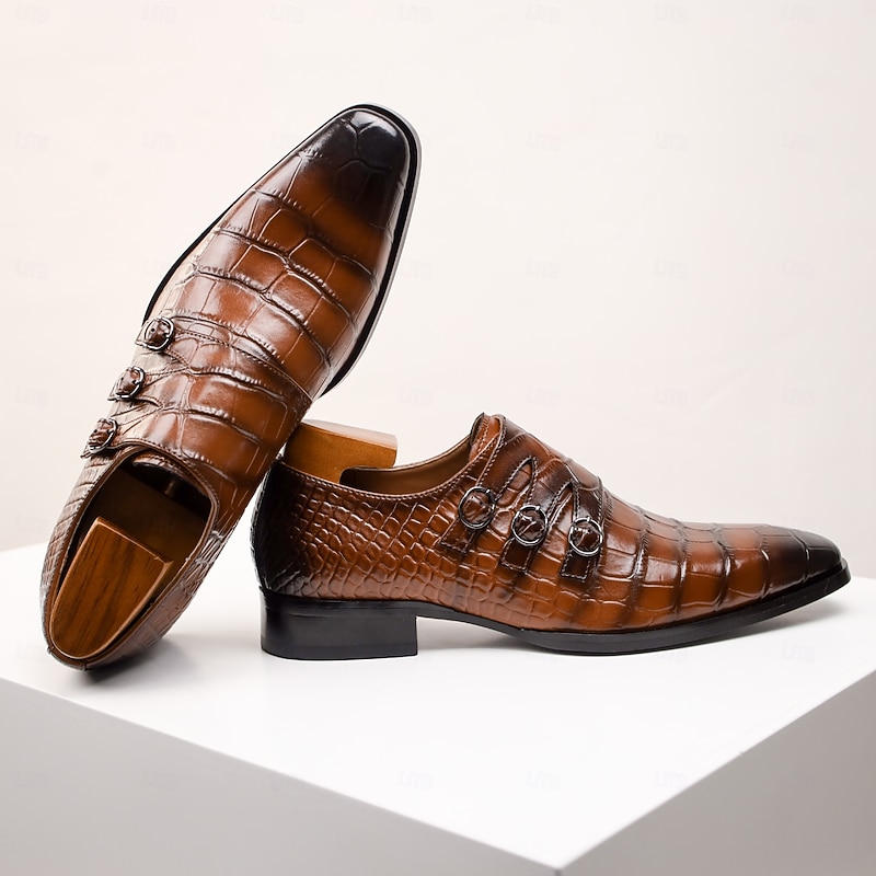 Men's Brown Cowhide Leather Dress Shoes - Crocodile Pattern with Triple Buckle Straps and Pointed Toe Design3