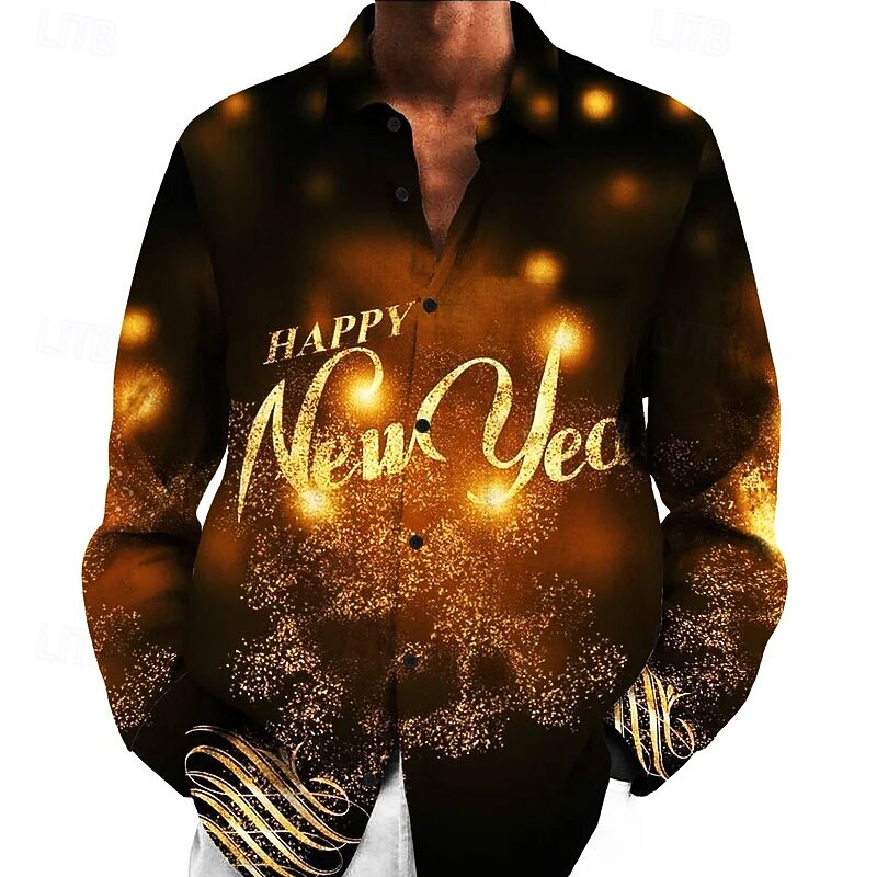 New Year Men's Letter Shirt Long Sleeve Casual Daily Wear Going out Fall & Winter Turndown Print Button-Down Yellow Red Blue Purple Rainbow4