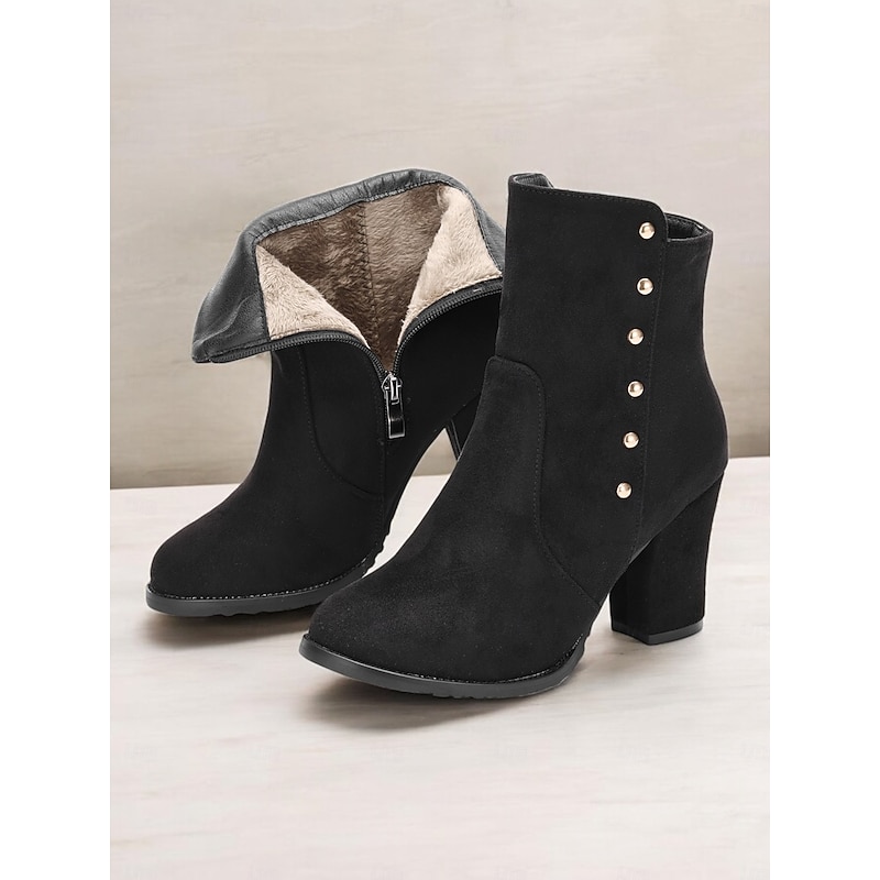 Women's Black Suede Ankle Boots with Faux Fur Lining and Gold Button Accents – Stylish Block Heel Boots for Winter Wear