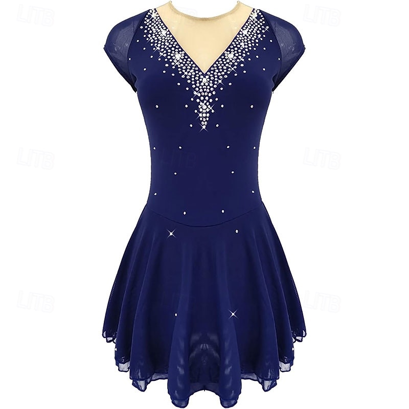 Figure Skating Dress Women's Girls' Ice Skating Dress Blue High Elasticity Training Competition Skating Wear Classic Crystal / Rhinestone Long Sleeve Ice Skating Figure Skating