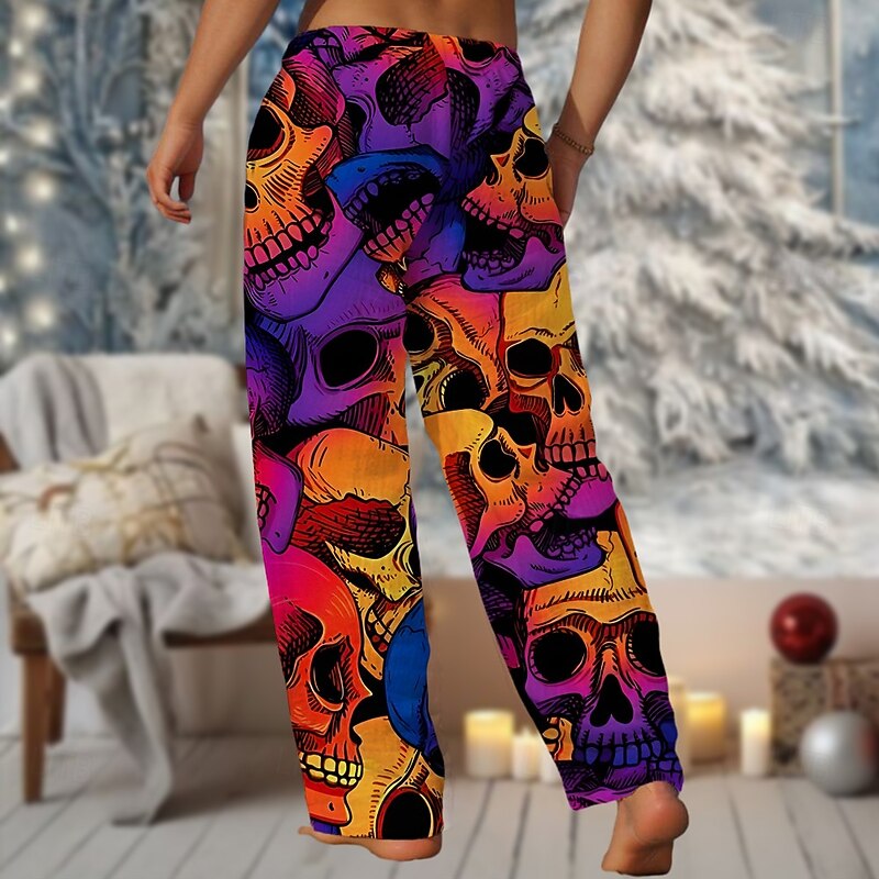 Men's Skulls Pants Trousers Mid Waist Drawstring Elastic Waist Casual Horror Outdoor Party Evening Wear Holiday Straight Leg Trousers Summer Spring Fall 3D Print Red Purple Green4