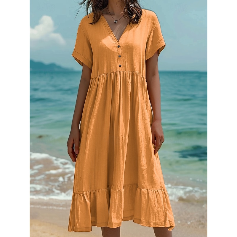 Women's Midi Dress Cotton Linen Dresses Summer Dress Fashion Casual Daily Regular Fit Solid Color Short Sleeve V Neck Light Green Dark Green Orange Dark Grey Summer4