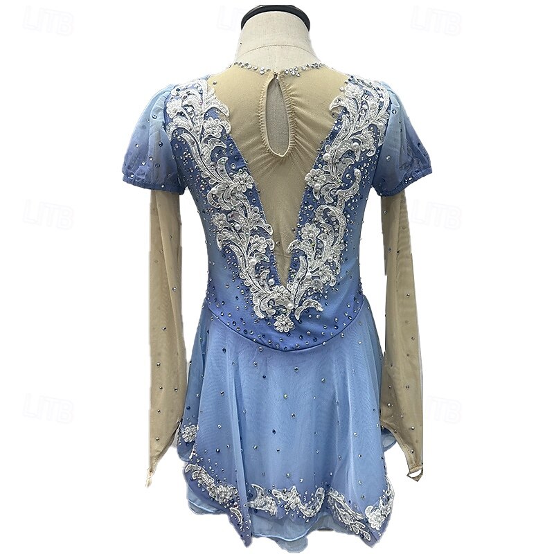 Figure Skating Dress Women's Girls' Ice Skating Dress Blue+Light Blue Patchwork Thumbhole Mesh Spandex Stretchy Training Practice Professional Skating Wear Thermal Warm Crystal / Rhinestone Long2