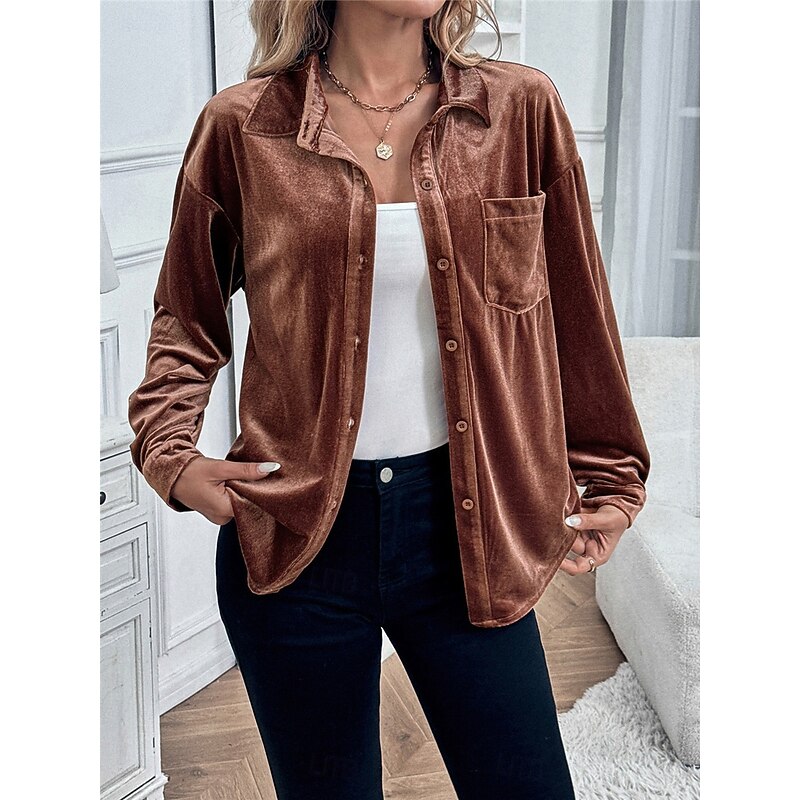 Women's Shirt Blouse Solid Color Basic Casual Long Sleeve Shirt Collar Regular Tops Daily Buttons Pocket Red Brown Green Fall Winter3
