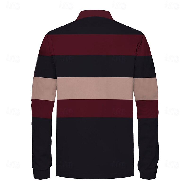 Men's Striped Rugby Polo Shirts Long Sleeve Polo Shirts Collar Business Casual Formal Outdoor Dailywear 3D Print Buttons Spring Fall Winter Maroon2