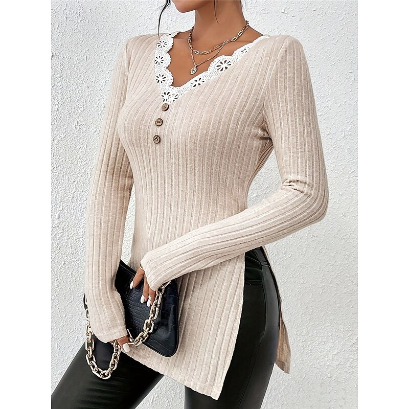 Women's Sweater Casual Soft Pure Color Ribbed V Neck Lace Patchwork Buttons Long Sleeve Long Tops Knit Outdoor Daily Weekend Apricot Fall Winter