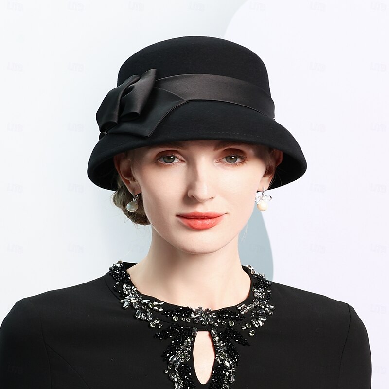 Hats 100% Wool Bowler / Cloche Hat Fedora Hat Wedding Tea Party Elegant Wedding With Bowknot Pure Color Headpiece Headwear
