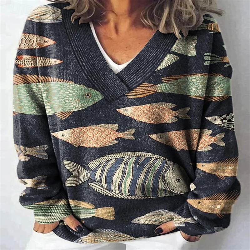 Women's Blouse Color Block Print Casual Long Sleeve V Neck Regular Tops Daily Print Red Blue Green Light Blue Winter2