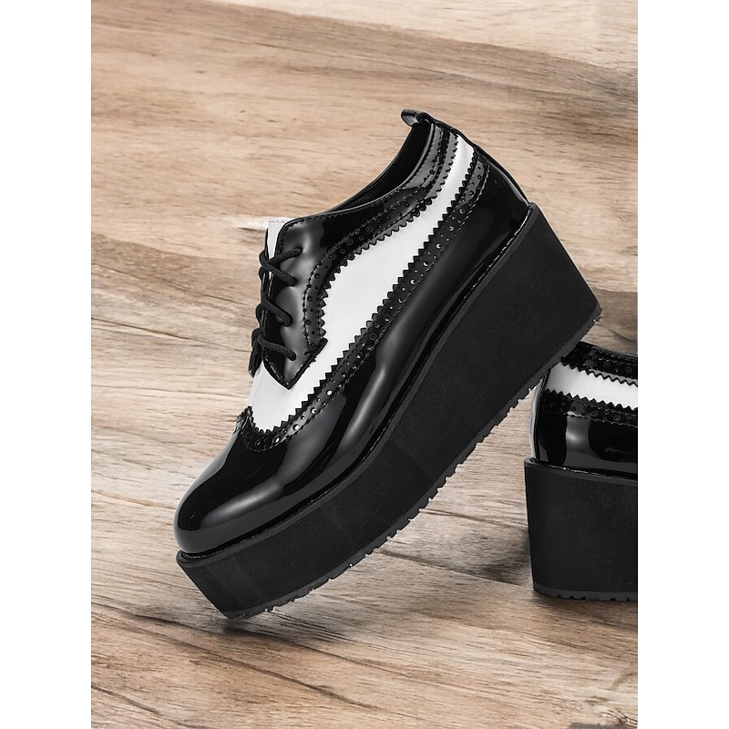 Women's Black and White Platform Brogue Oxfords – Vintage Patent Leather Lace-Up Shoes with Thick Sole2