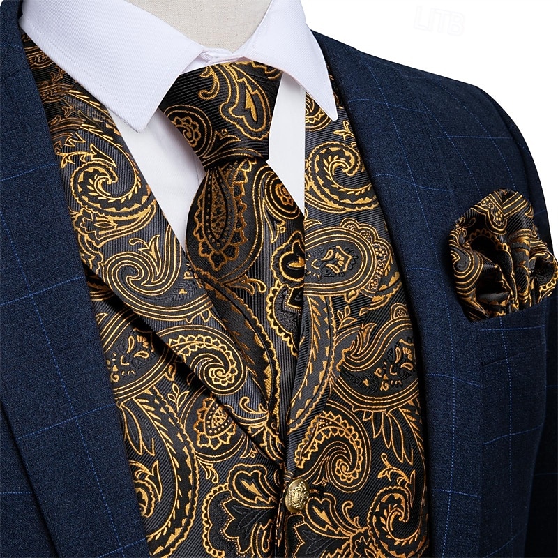 Retro Vintage Roaring 20s 1920s Outfits Waistcoat Accessories Set Gentleman Gangster Paisley Jacquard Fancy Dress Men's Carnival Costume 7 PCS Christmas Halloween Carnival Masquerade Cocktail Party2