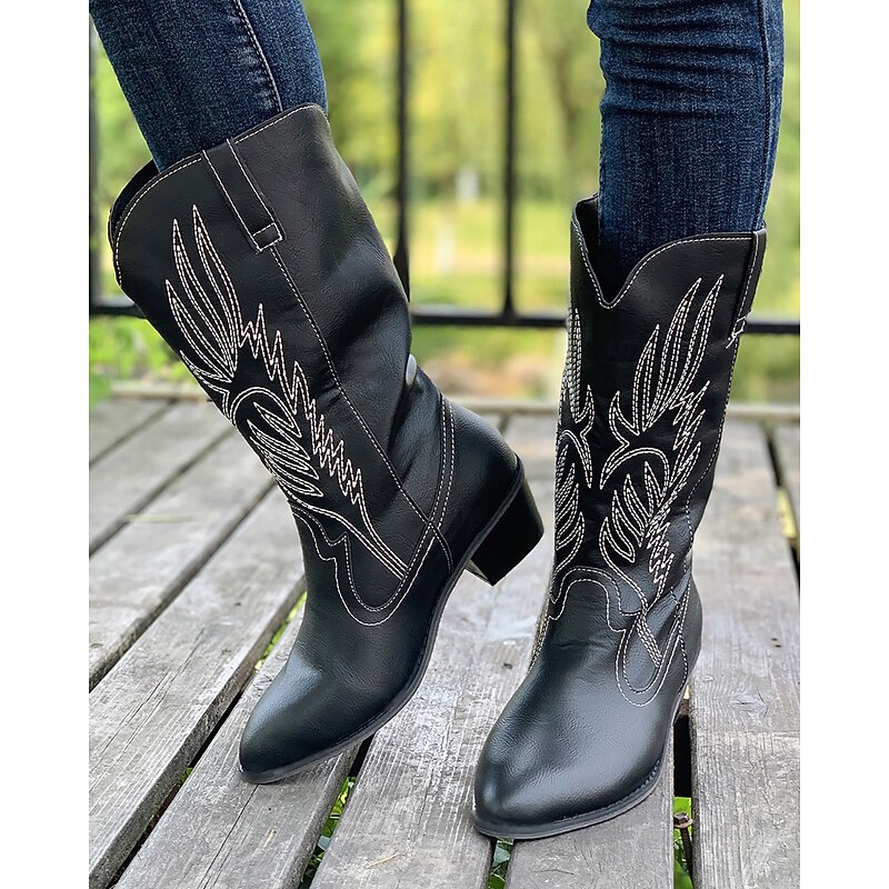 Women's Western Cowboy Boots – Classic Mid-Calf Brown Faux Leather with Embroidered Design, Perfect for Casual Wear, Festivals, and Country Outfits2