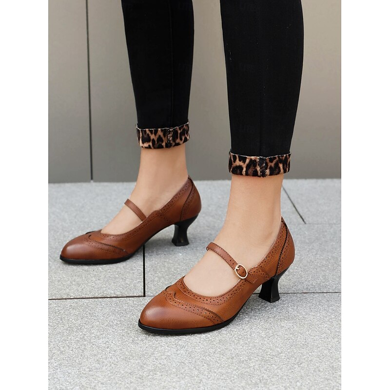 Women's Brown Vintage Gatsby Mary Jane Pumps-Brogue Detailing with Mid Heel for Office, Parties, and Retro Style Outfits4