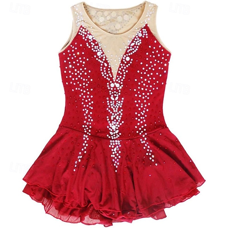 Ice Skating Dress Adult Girls Red Sleeveless Competitions Leotards Competition Costumes4