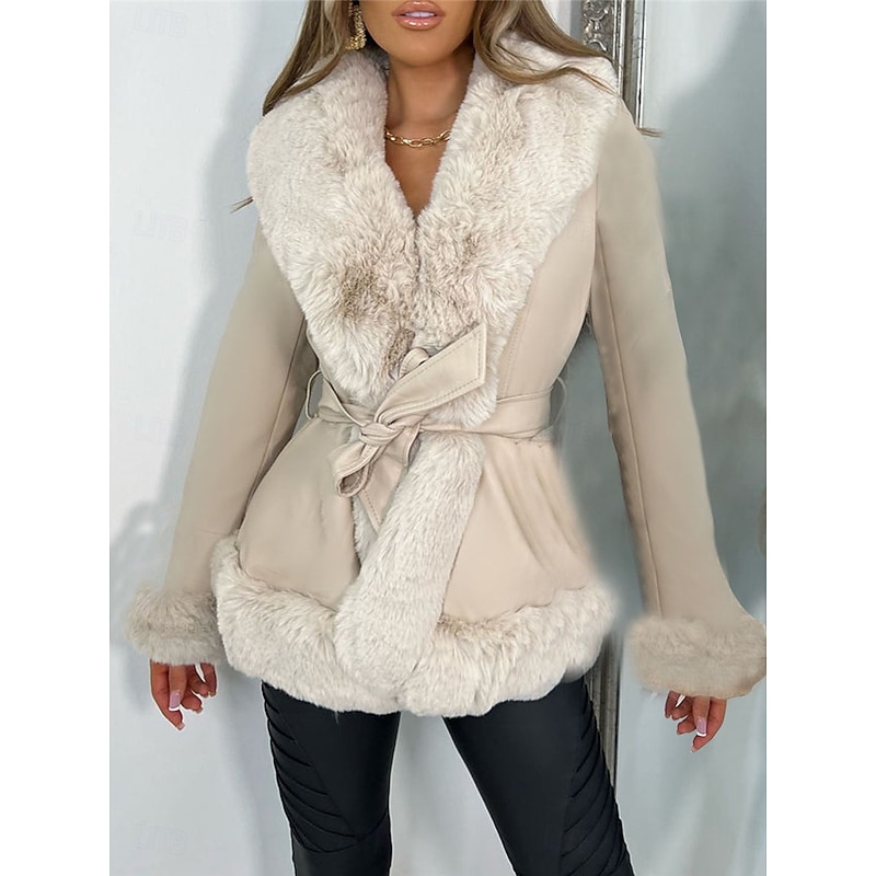 Women's Faux Leather Jacket Warm Breathable Fur Collar Casual Plain Vacation Street Daily Wear Going out Open Front Regular V Neck Regular Fit Long Sleeve Outerwear Black Brown Beige Fall Winter