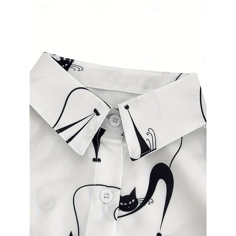 Women's Shirt Button Down Tunic Shirt Collar Long Sleeve Cat Casual Regular Tops Work Daily s Print White Spring Fall Winter3