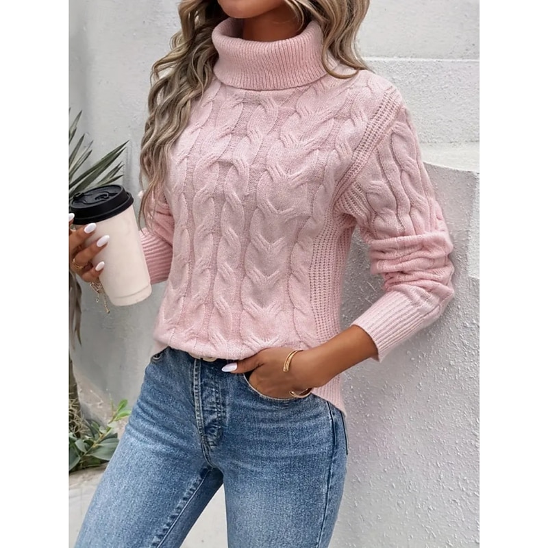 Women's Sweater Casual Soft Pure Color Cable Turtleneck Knitted Long Sleeve Regular Tops Knit Outdoor Daily Weekend Pink Khaki Fall Winter4