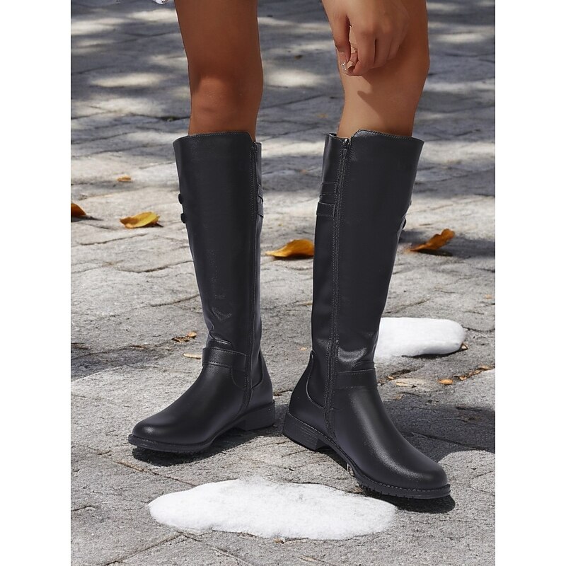 Women's Black Knee-High Riding Boots with Buckle Straps and Low Heel – Classic Equestrian Style Boots for Everyday and Outdoor Wear4