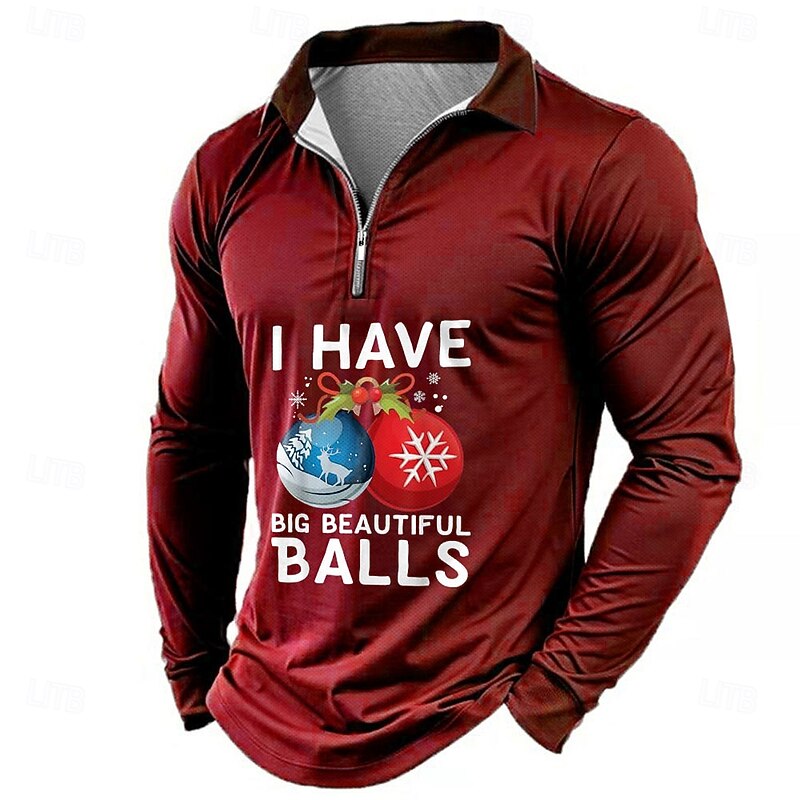 Christmas Men's Funny Zip Polo Long Sleeve Polo Shirts Collar Business Casual Vacation Party Evening Wear New Years Eve Shirts 3D Print Spring Fall & Winter Black Wine Blue4