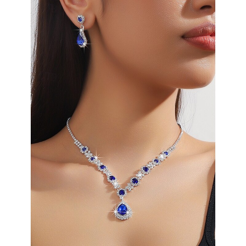 Green Teardrop Crystal Jewelry Set - Necklace and Earrings with Rhinestone Accents for Women, Perfect for Weddings and Formal Events3