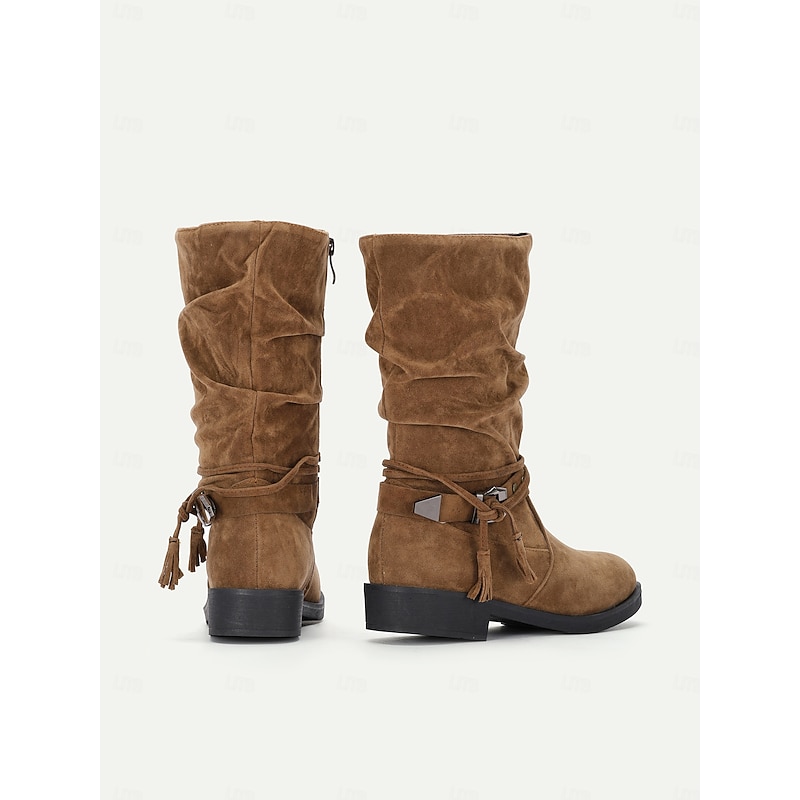 Women's Slouchy Faux Suede Mid-Calf Boots with Studded Strap and Tassel Details – Casual Boho Style for Fall and Winter4