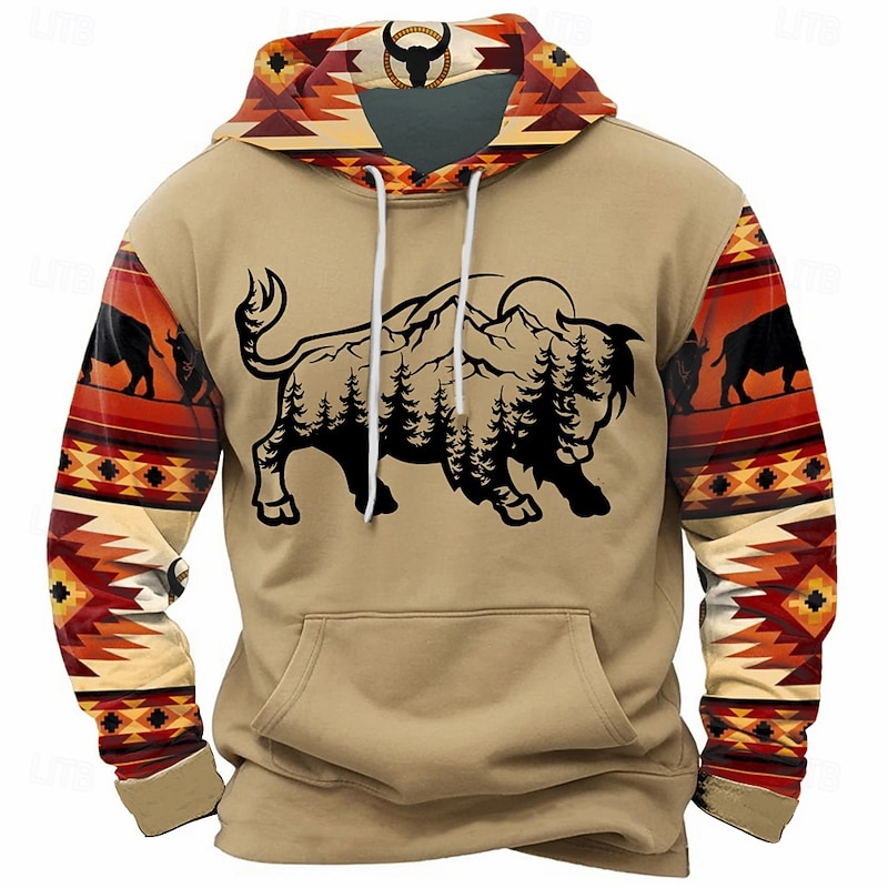 Men's Cow Hoodies Sweatshirt Fashion Ethnic Long Sleeve Crew Neck Party Holiday Streetwear Brown Green Drawstring Fall Winter Designer