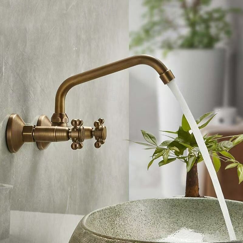 Sink Basin Mixer Tap Wall-Mounted Concealed Bathroom Sink Faucet Brushed Retro Brass Antiquefaucet Golden Widespread Wall Mounted4